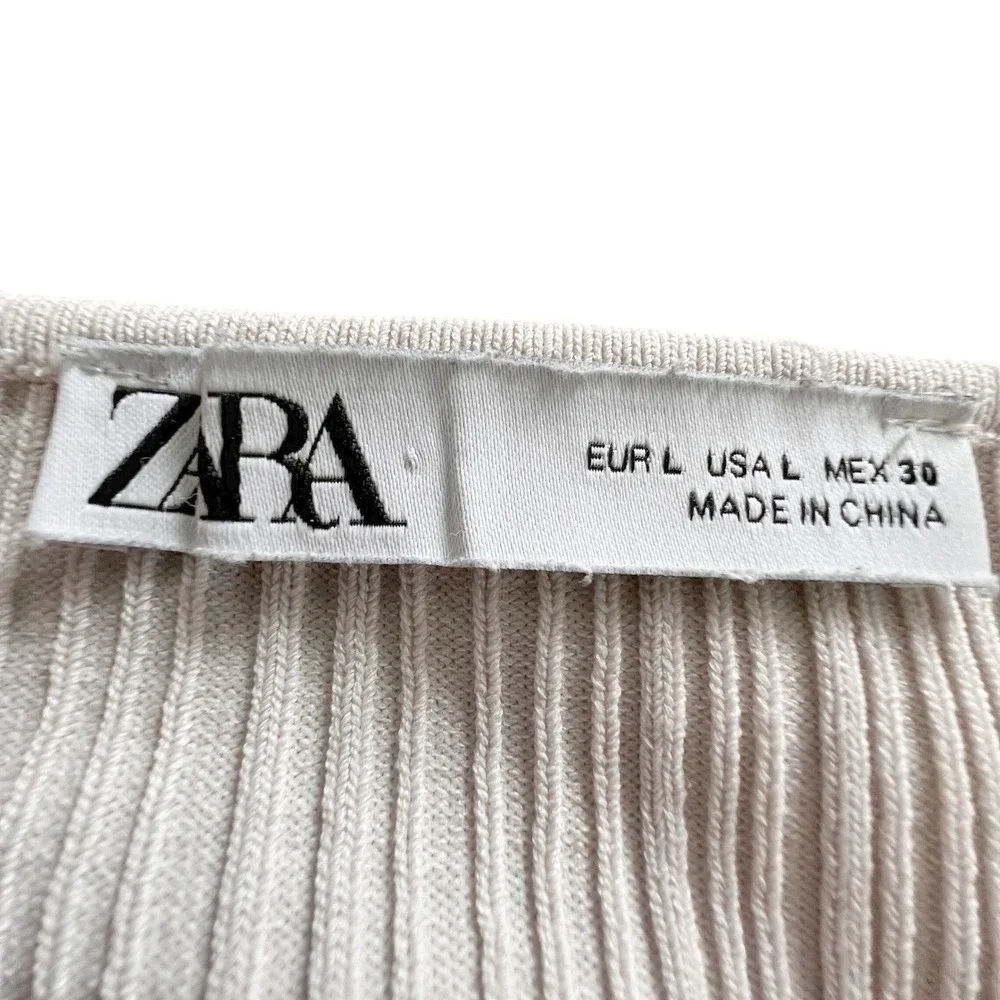 Zara Henley Top Women Large Cream Ribbed Knit Button Cuff Crop Casual Trendy